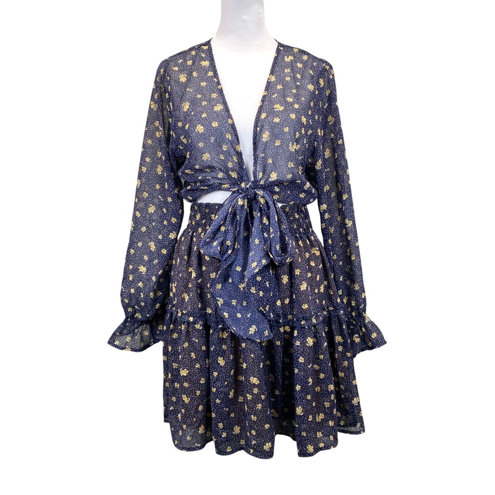 Navy Blue Floral Polka Dot Two Piece Set Tie Front Crop Top Tiered Mini Skirt